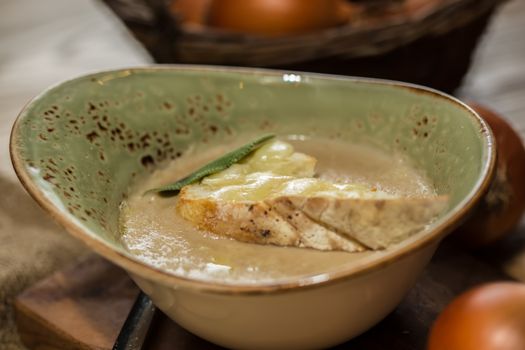 The french onion gratin soup. selective Focus