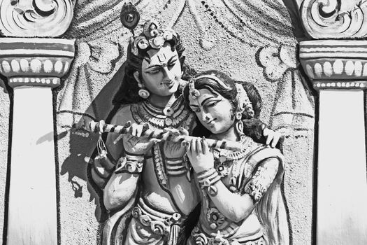 Sculpture of Radha Krishna at Shrinath Mhaskoba Temple, Kodit, Sasvad, Maharashtra, India. Radha Krishna are collectively known within Hinduism as the combination of both the feminine as well as the masculine aspects of God. Krishna is referred as svayam bhagavan in Gaudiya Vaishnavism theology and Radha is Krishna's supreme beloved.