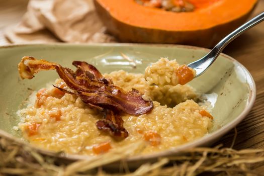 Italian risotto with grilled mushrooms and bacon. Shallow dof.