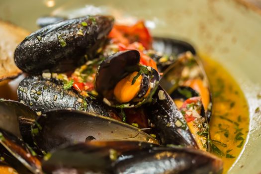 Moules Marinieres. Mussels cooked with white wine sauce. Shallow dof.