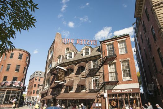 The renaissance style brick architecture of parts of the city seen in these buildings, Union Oyster House, Hand Bell in Hand Tavern  on October 13, 2014, in Boston, USA