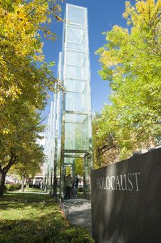 BOSTON, USA - OCTOBER 13; tourists walk through the glass towers of the Boston Holocaust Memorial near the Freedom Trail on October 13, 2014 in Boston, USA.