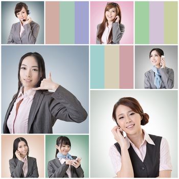 Collection of Asian business woman talk and listen, concept about connect, social media, group, speak etc.