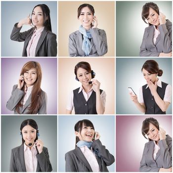 Collection of Asian business woman talk and listen, concept about connect, social media, group, speak etc.