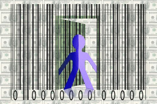 Paperman coming out of a bar code with Dollars as Backround