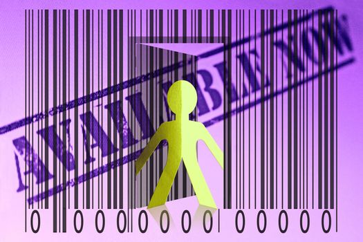 Paperman coming out of a bar code with Available Now Words