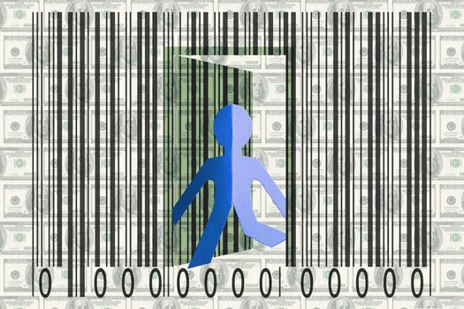 Paperman coming out of a bar code with Dollars as Backround