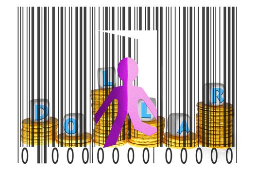 Paperman coming out of a bar code with Dollars word