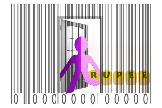 Paperman coming out of a bar code with Rupee word