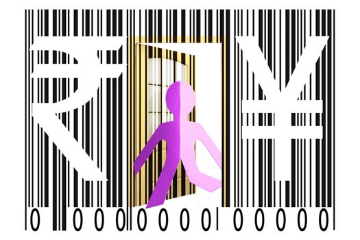 Paperman coming out of a bar code with Rupee and Yen Signs