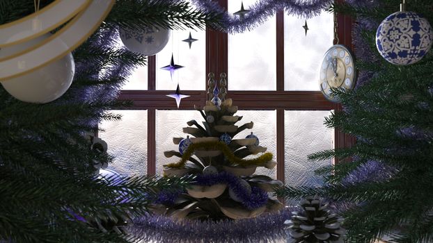Christmas tree with pine cone,window and clock concept composition