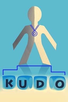 word Kudo on cubes in front of paper man