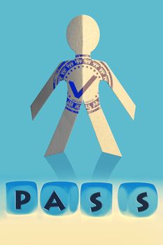 word Pass on cubes in front of paper man