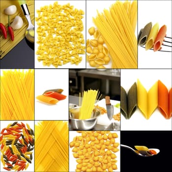 various type of Italian pasta collage on a square frame