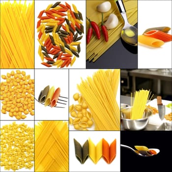 various type of Italian pasta collage on a square frame