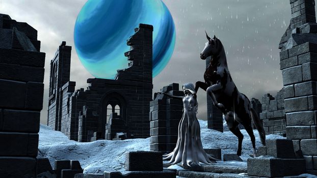 Fantasy snow princess elf with her Unicorn Horse with background of a big blue planet