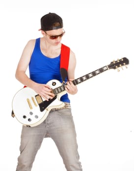 Teenage Boy with Sunglasses Playing Electric Guitar - Isolated on White