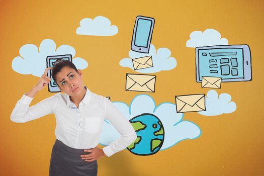 Worried businesswoman against orange background with business technology doodles