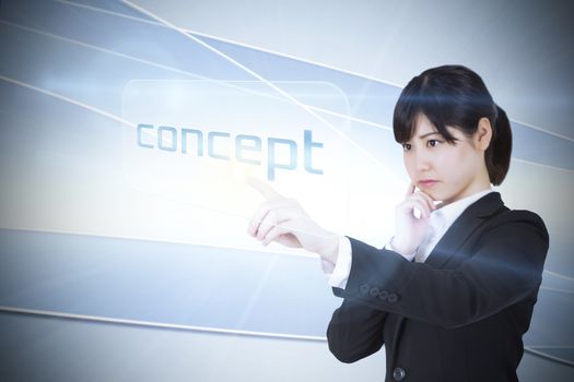 Businesswoman pointing to word concept against linear grey background