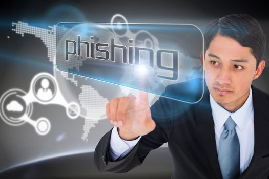 Businessman pointing to word phishing against futuristic technology interface