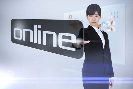 Businesswoman pointing to word online against technology interface