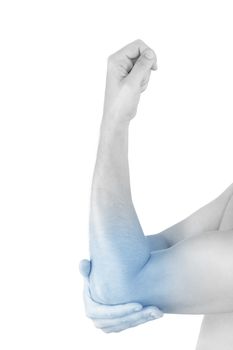 Close up on highlighted pain area, elbow pain. Male hand holding his elbow isolated on white background. Chronic pain concept. Cold pain.