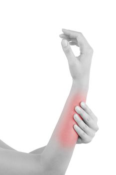Forearm muscle strain. Female hand touching forearm with highlighted pain area isolated on white background. 
