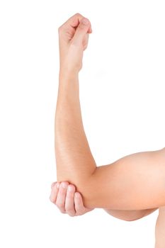 Close up of male hand holding his elbow isolated on white background. Repetitive stress injury concept.