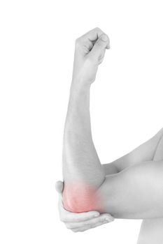 Close up on highlighted pain area, elbow pain. Man holding his elbow isolated on white background. Chronic pain concept.