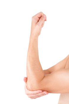 Man holding his elbow isolated on white background. Chronic pain concept. Close up of arm and elbow isolated on white.