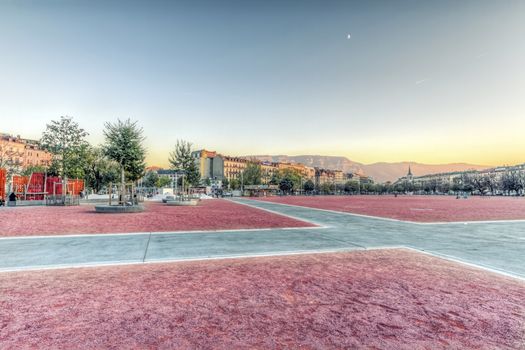 Plain of Plainpalais by sunset in Geneva, Switzerland, HDR