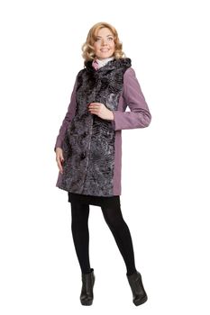 The girl in a violet  autumn coat on a white background