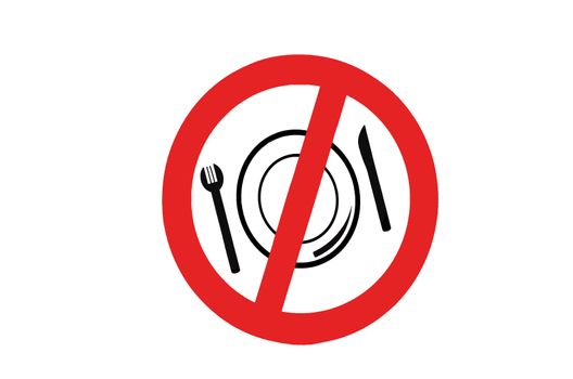 Symbol signs prohibiting eating or drinking. Prohibition sign, red circle crossed out with black symbol