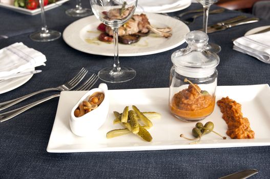 Beautiful decorated table. Tasty and beautiful food in a restaurant