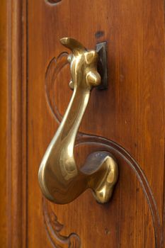 Old wooden door with metallic handle knocker