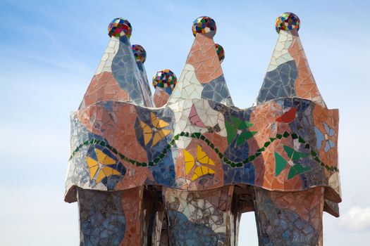 BARCELONA - APRIL 14: Roof architecture at Casa Batllo, (also could the house of bones) designed by Antoni Gaudi with his famous expressionistic style on April 14, 2012 in Barcelona, Spain