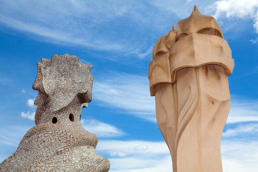 BARCELONA, SPAIN - APRIL 14: Antoni Gaudi's work at the roof of Casa Mila on Apr 14, 2012 in Barcelona, Spain. Popularly known as La Pedrera, this modernist house was built between 1906 and 1910.