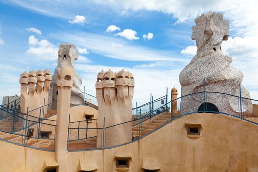 BARCELONA, SPAIN - APRIL 14: Antoni Gaudi's work at the roof of Casa Mila on Apr 14, 2012 in Barcelona, Spain. Popularly known as La Pedrera, this modernist house was built between 1906 and 1910.