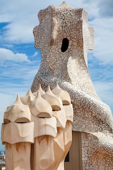BARCELONA, SPAIN - APRIL 14: Antoni Gaudi's work at the roof of Casa Mila on Apr 14, 2012 in Barcelona, Spain. Popularly known as La Pedrera, this modernist house was built between 1906 and 1910.