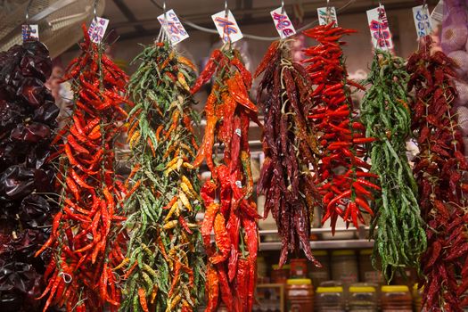 BARCELONA, SPAIN - APRIL 14: Famous La Boqueria market with vegetables and fruits on April 14, 2012 in Barcelona, Spain. One of the oldest markets in Europe that still exist. Established 1217.