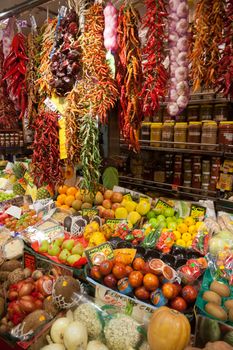 BARCELONA, SPAIN - APRIL 14: Famous La Boqueria market with vegetables and fruits on April 14, 2012 in Barcelona, Spain. One of the oldest markets in Europe that still exist. Established 1217.