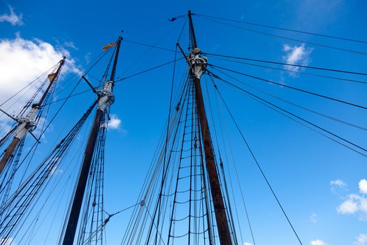 Marine rope ladder at pirate ship. Sea hemp ropes on the old nautical vessel. Ladder upstairs on the mast