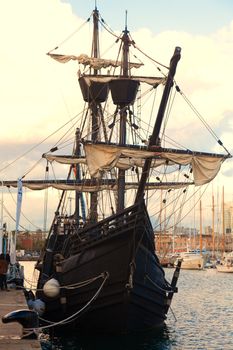 BARCELONA, SPAIN - APRIL 14: Nao Victoria was a Spanish carrack and the first ship to successfully circumnavigate the world, and now operates as a museum in the port of Barcelona on April 14,2012 in Barcelona, Spain