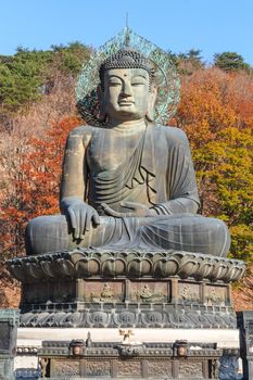 statue of buddha and colorful of tree in autumn at old temple in Seoraksan National Park ,Korea