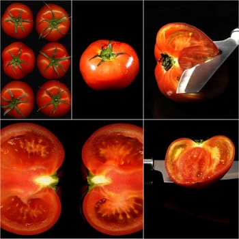 tomatoes collage composition nested on a black square frame