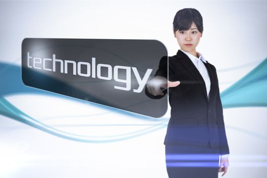 Businesswoman pointing to word technology against abstract blue line son white background