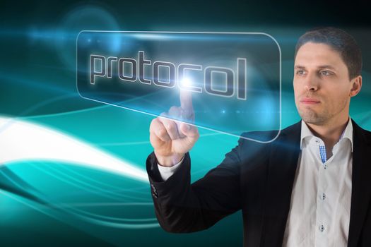 Businessman pointing to word protocol against abstract glowing black background