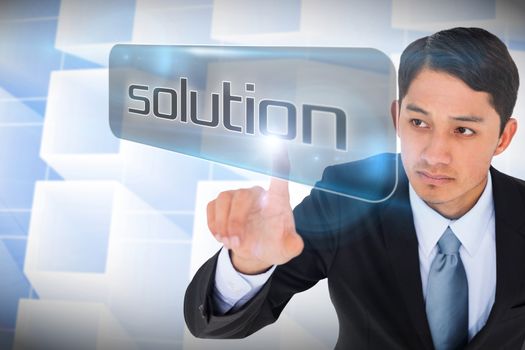Businessman pointing to word solution against abstract glowing squares