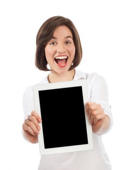 Young woman showing a blank touchpad, communication concept, isolated on white
