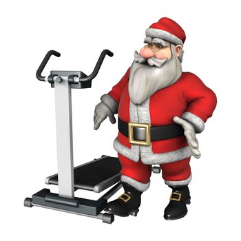 3D digital render of a Santa ready to exercise on a treadmill isolated on white background